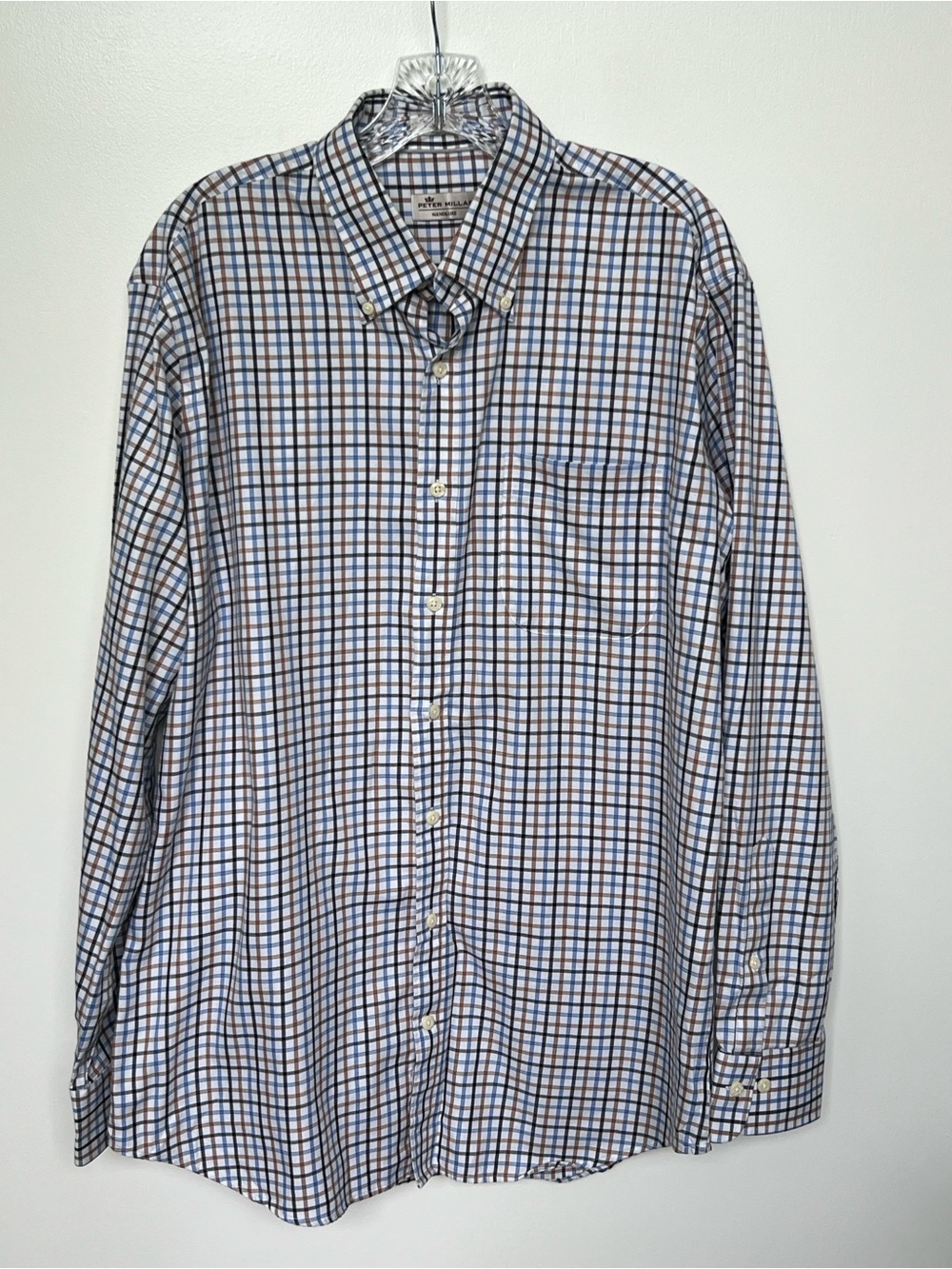 Peter Millar Men's Blue, white and Brown Plaid Button-Down Shirt